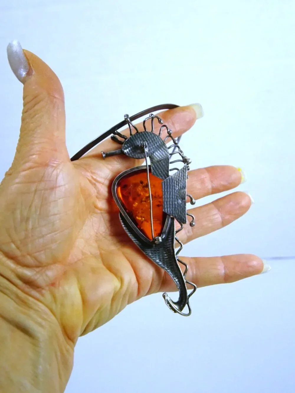 Rare Seahorse Baltic  Amber Sterling  Silver Pendant-Brooch Necklace